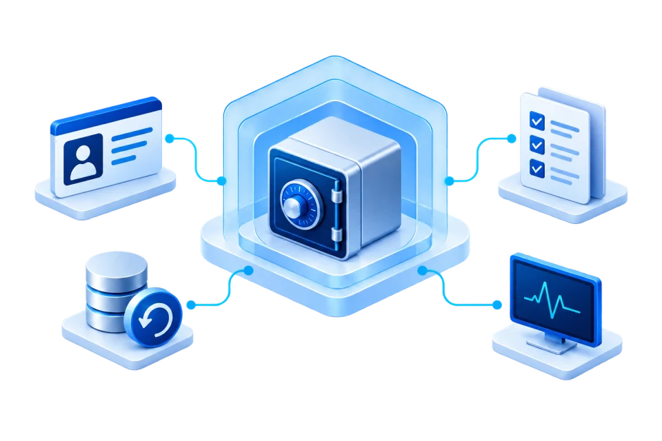Layered access controls, protected data and recovery planning.